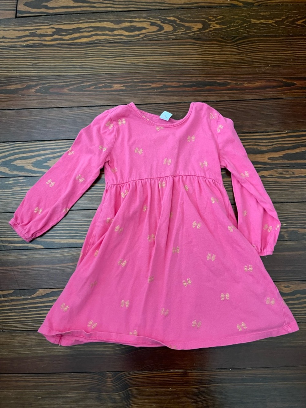 Old Navy Pink Long-Sleeve Dress with Gold Bow Print